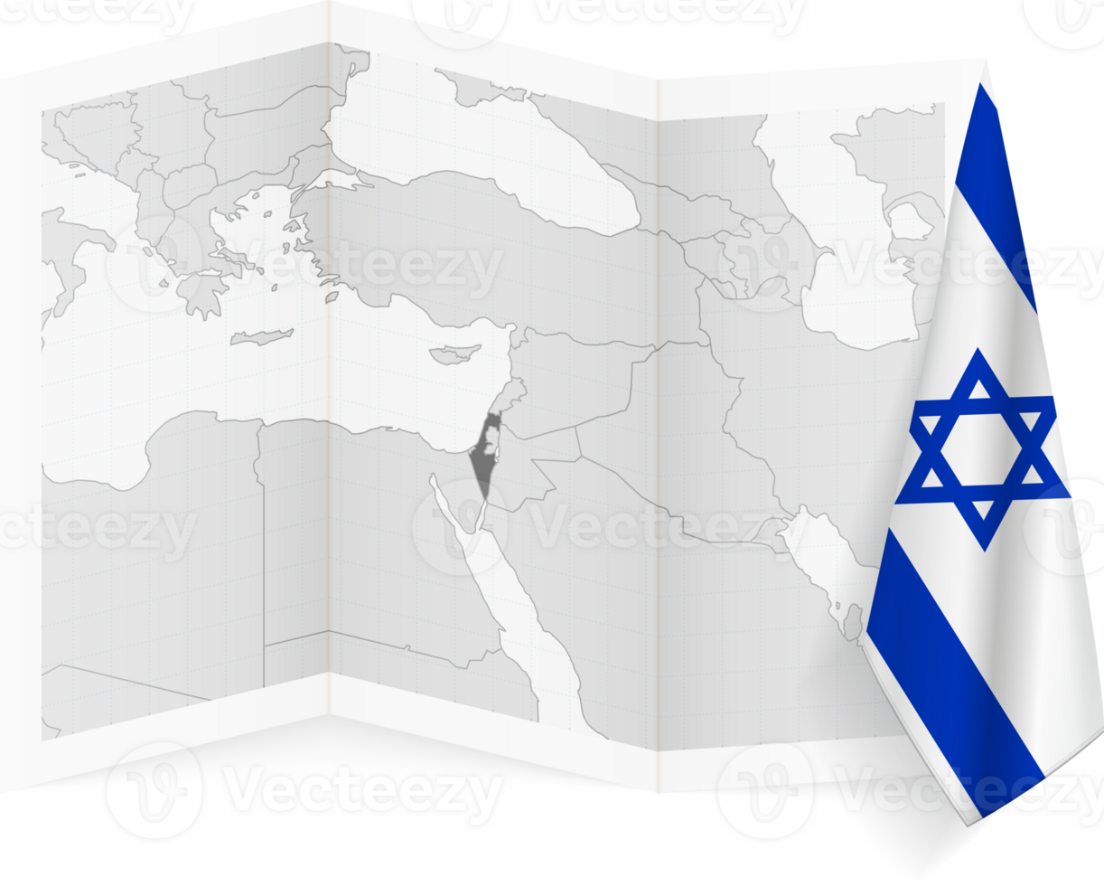 Israel grayscale map and hanging flag. png