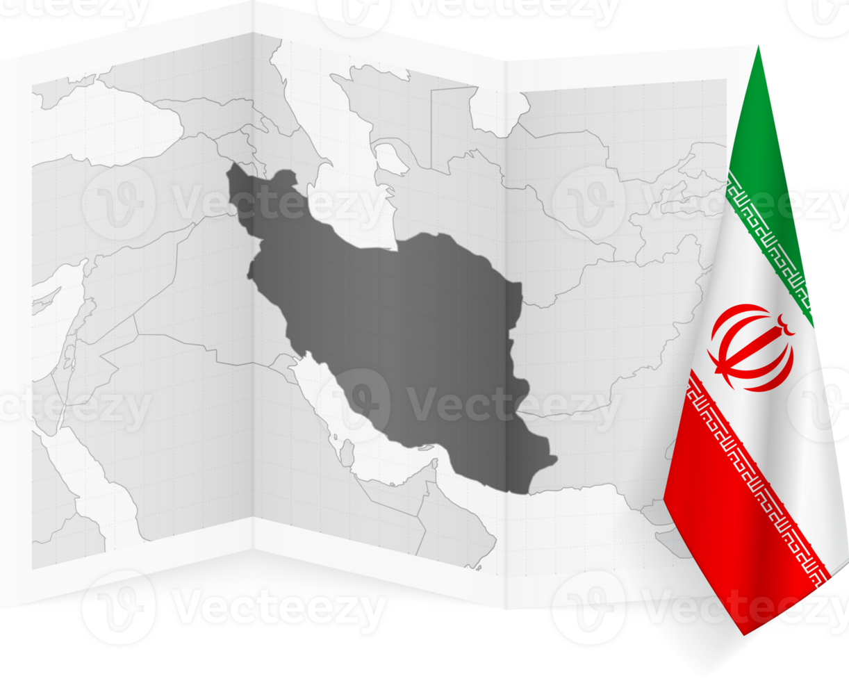 Iran grayscale map and hanging flag. png