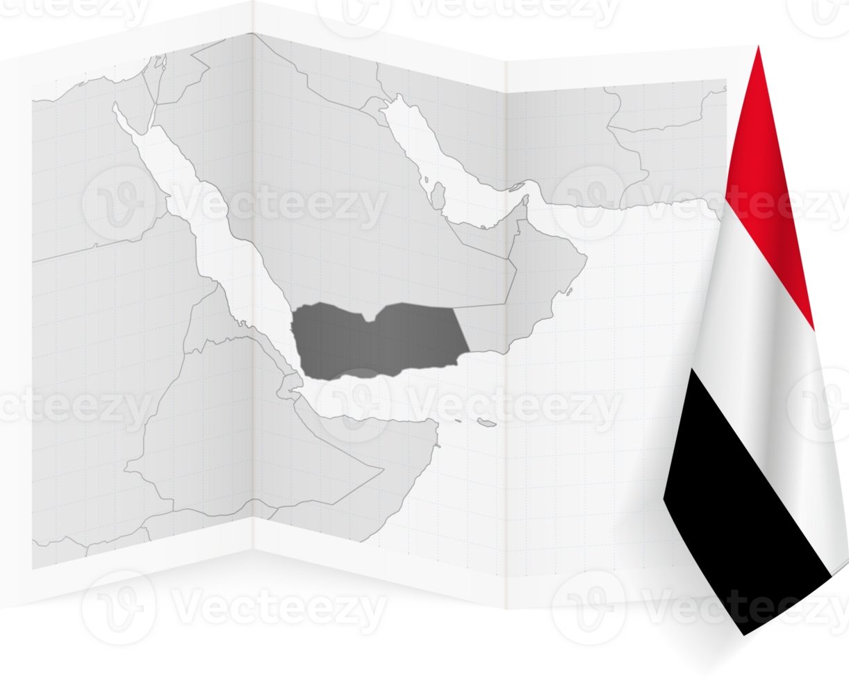 Yemen grayscale map and hanging flag. png