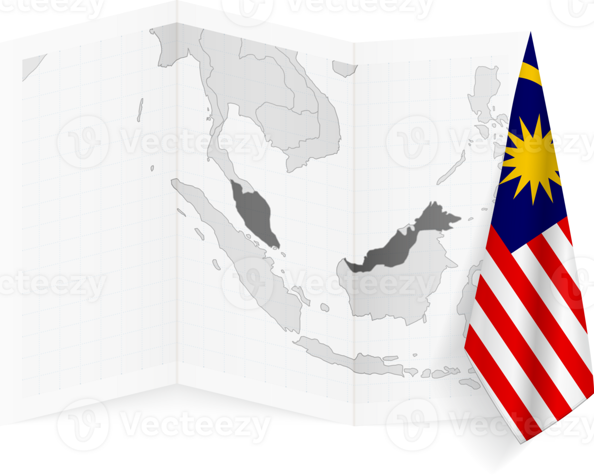 Malaysia grayscale map and hanging flag. png