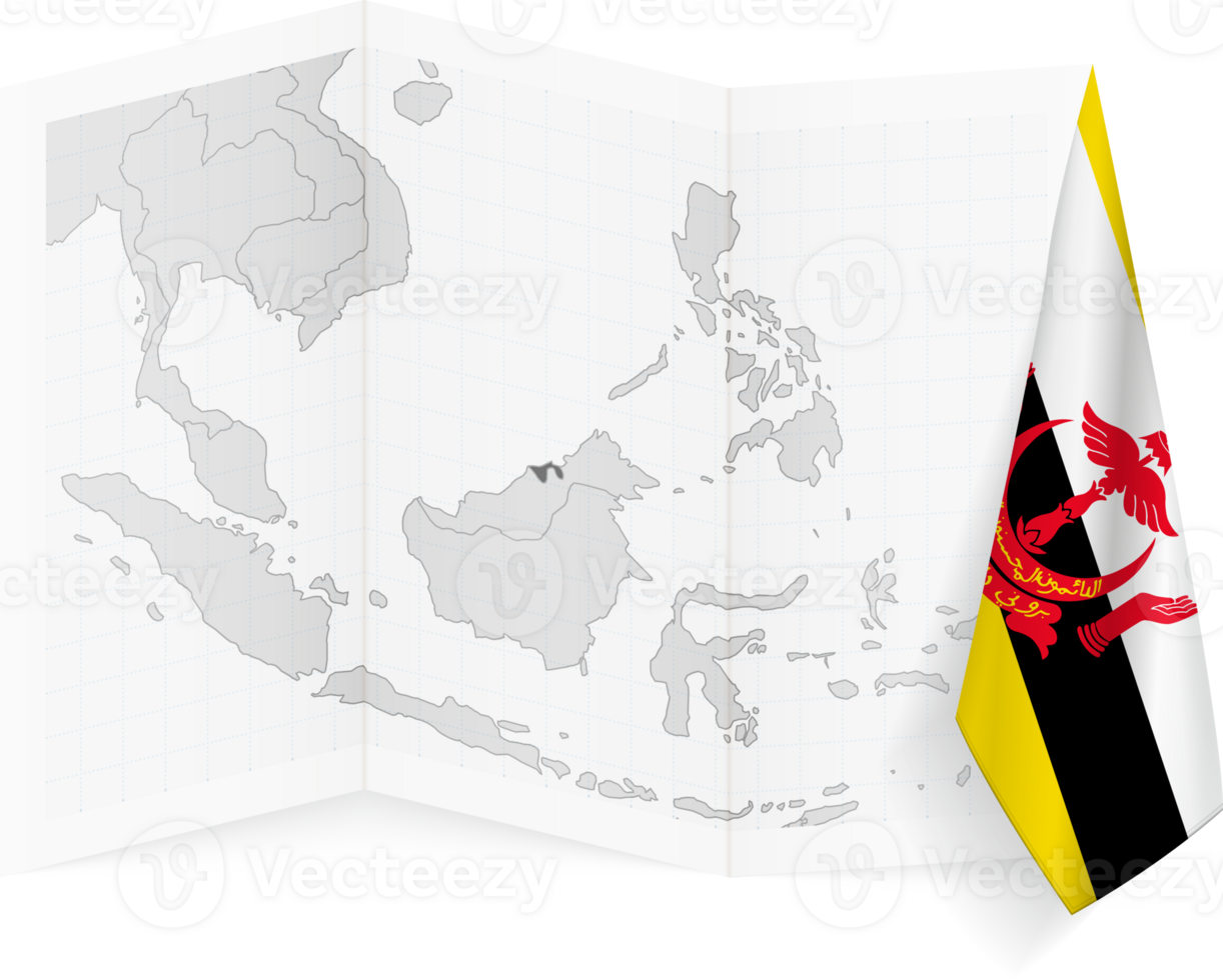 Brunei grayscale map and hanging flag. png