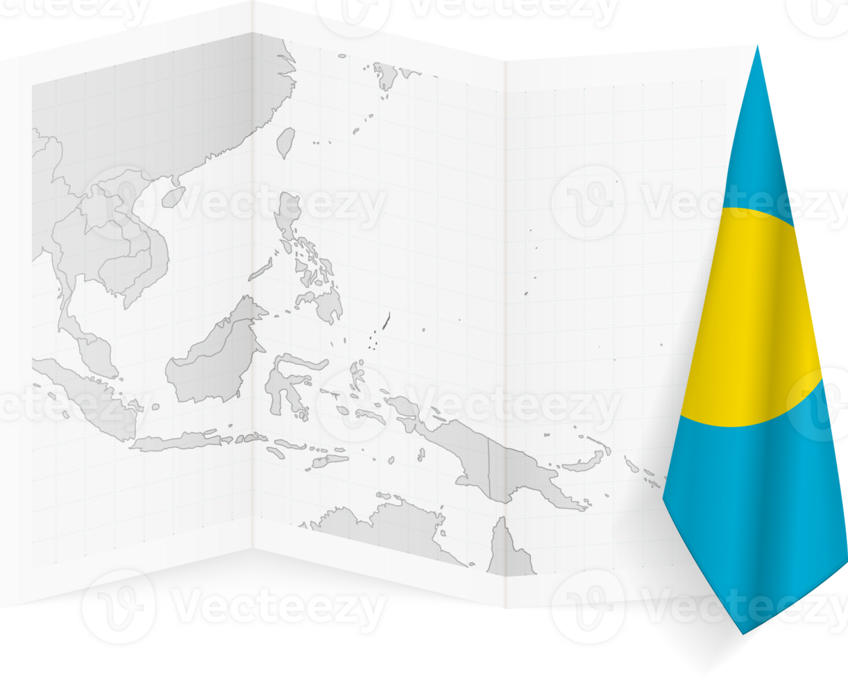 Palau grayscale map and hanging flag. png