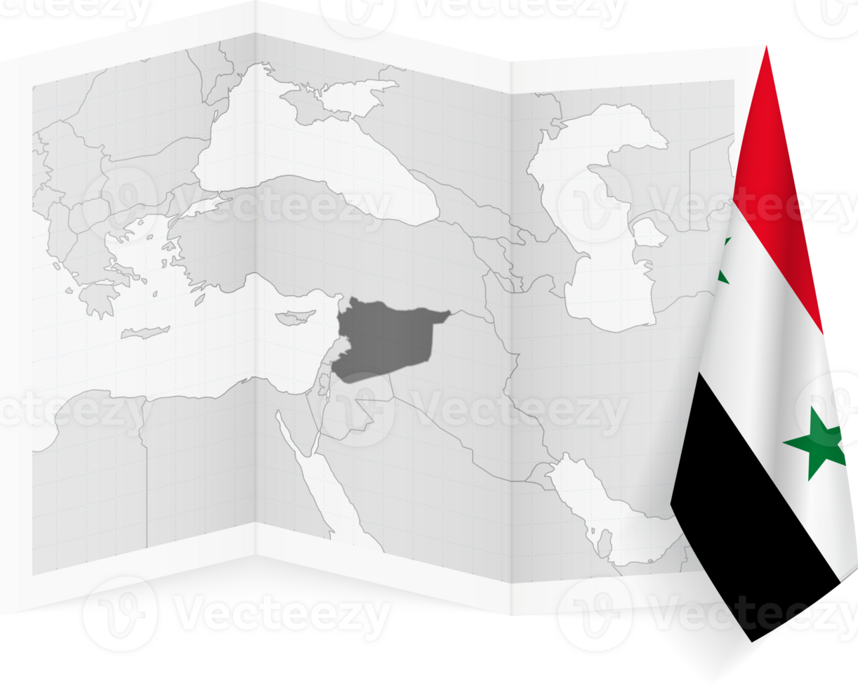 Syria grayscale map and hanging flag. png