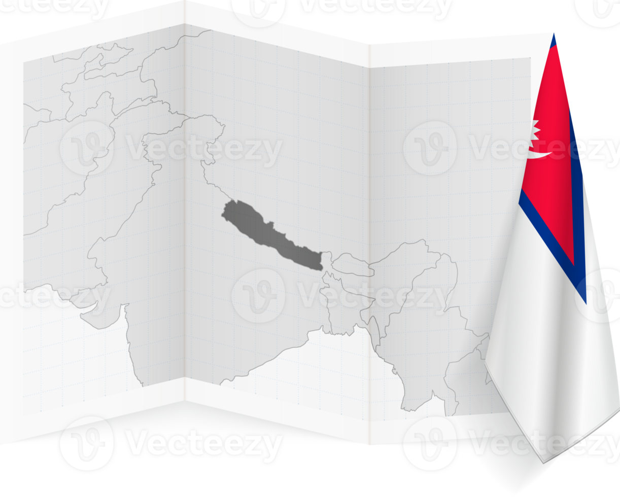 Nepal grayscale map and hanging flag. png