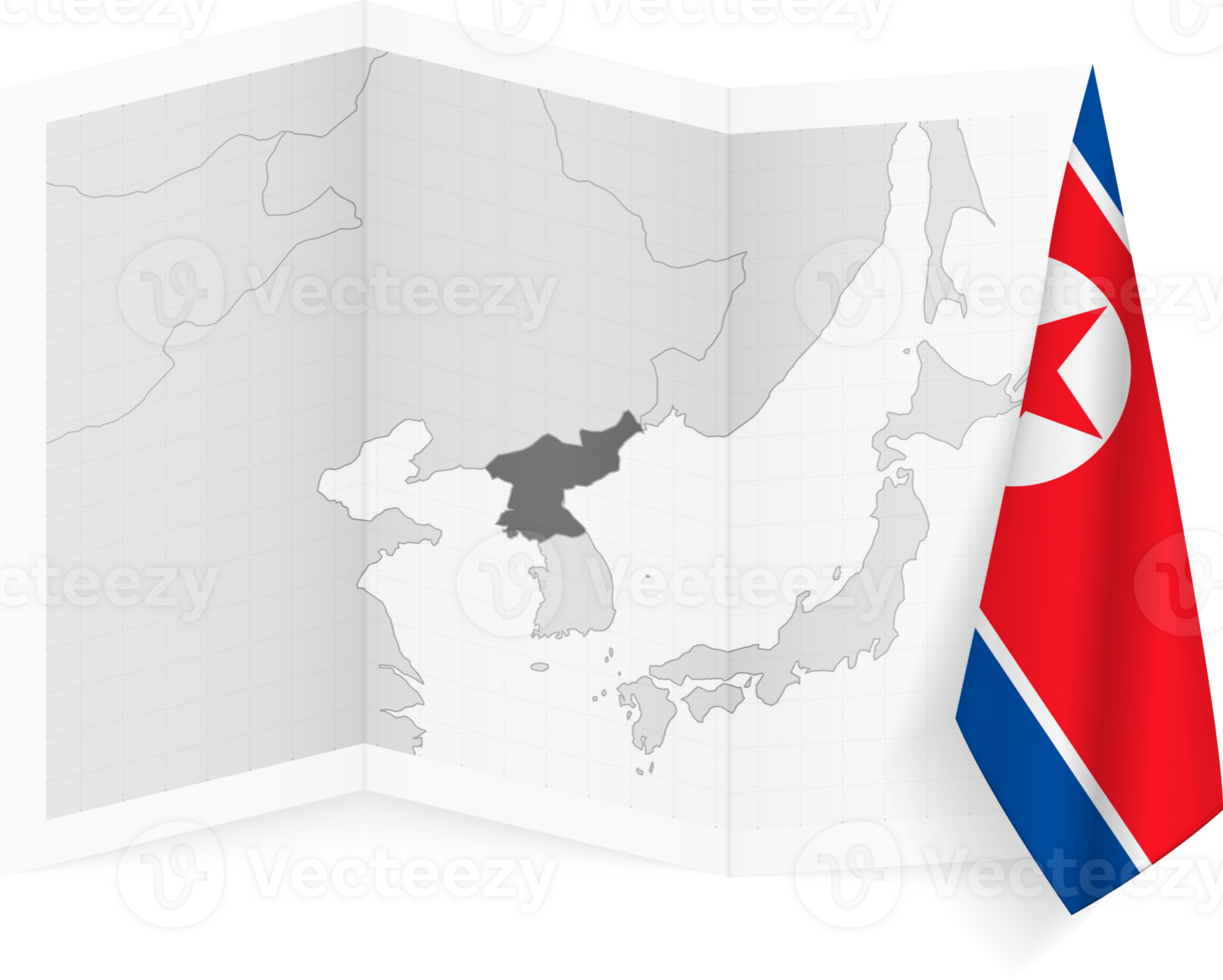 North Korea grayscale map and hanging flag. png