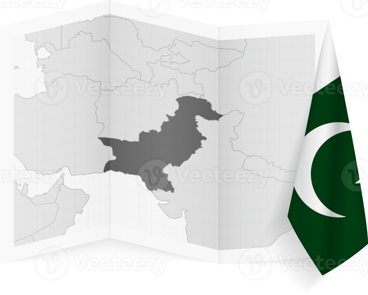 Pakistan grayscale map and hanging flag. png