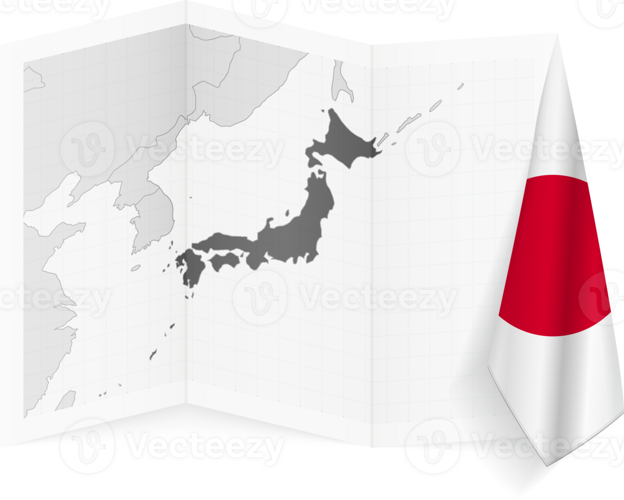 Japan grayscale map and hanging flag. png