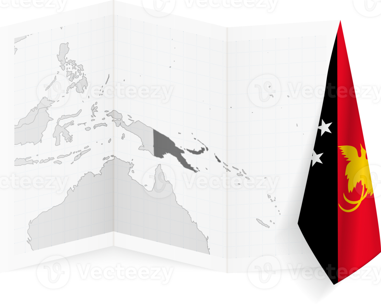 Papua New Guinea grayscale map and hanging flag. png