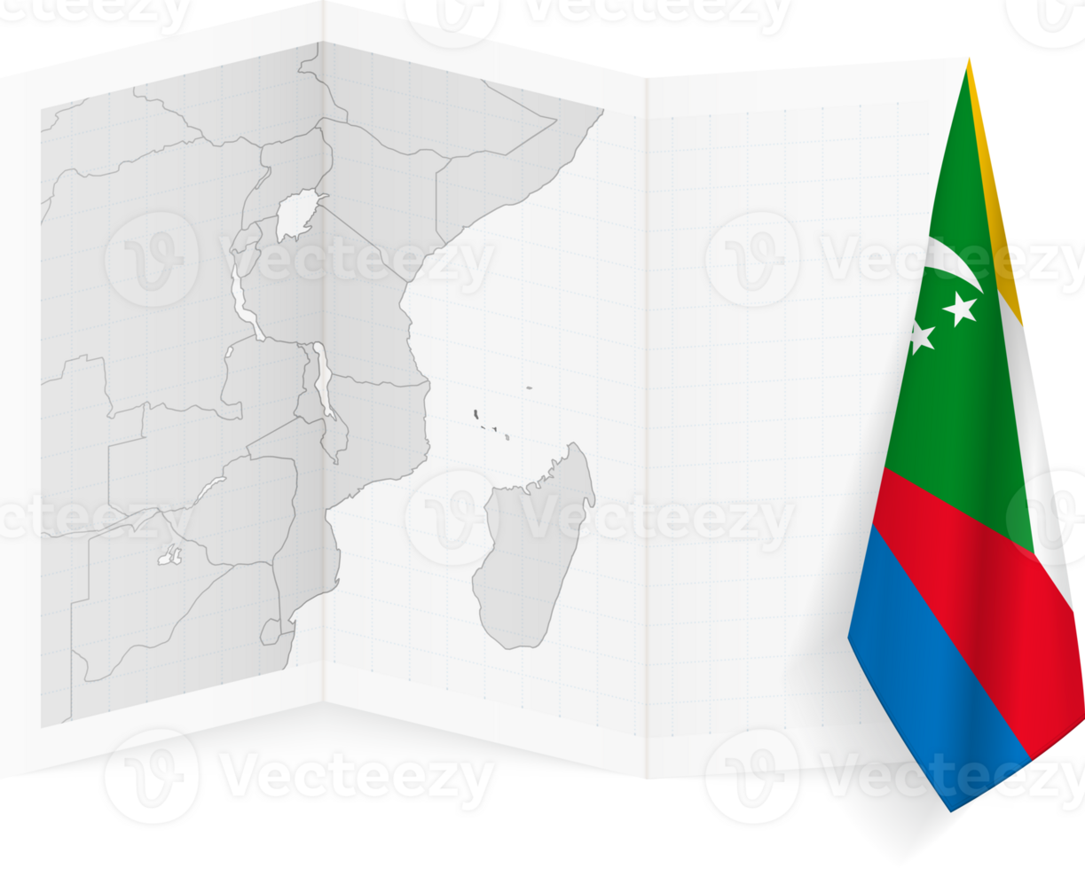 Comoros grayscale map and hanging flag. png