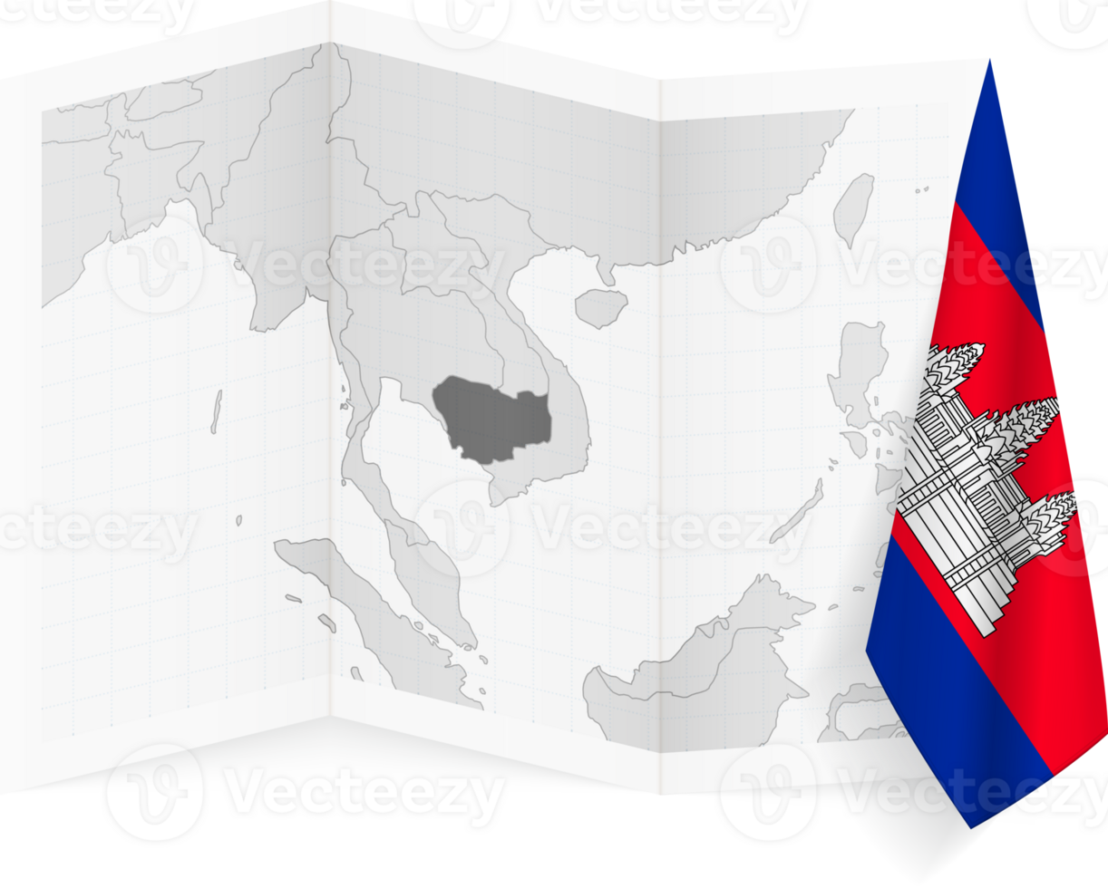 Cambodia grayscale map and hanging flag. png