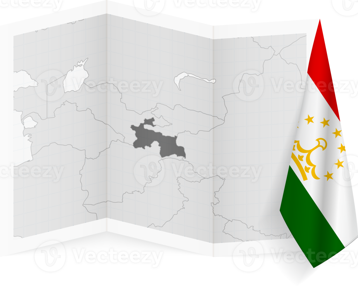 Tajikistan grayscale map and hanging flag. png
