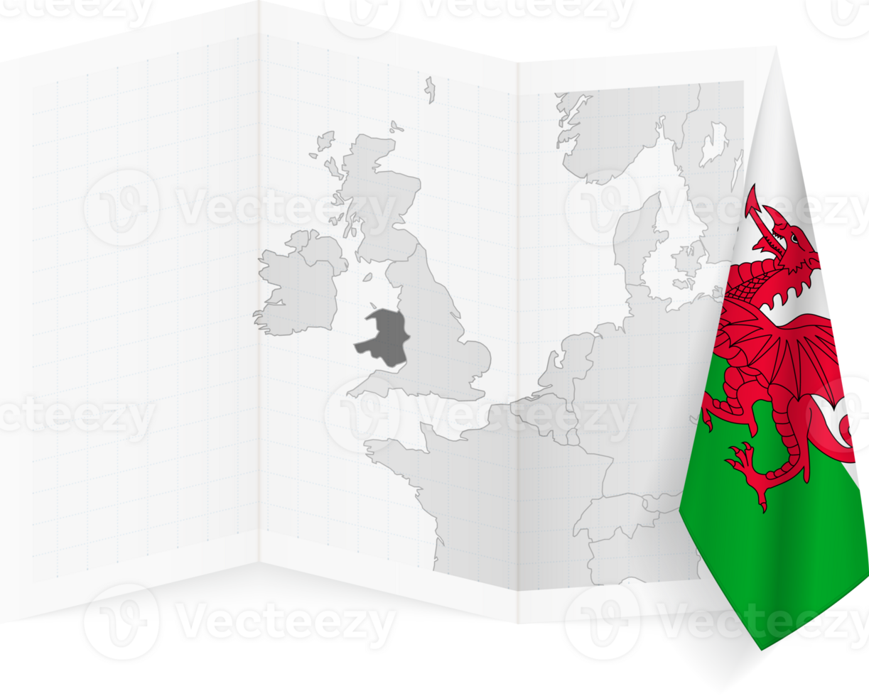 Wales grayscale map and hanging flag. png