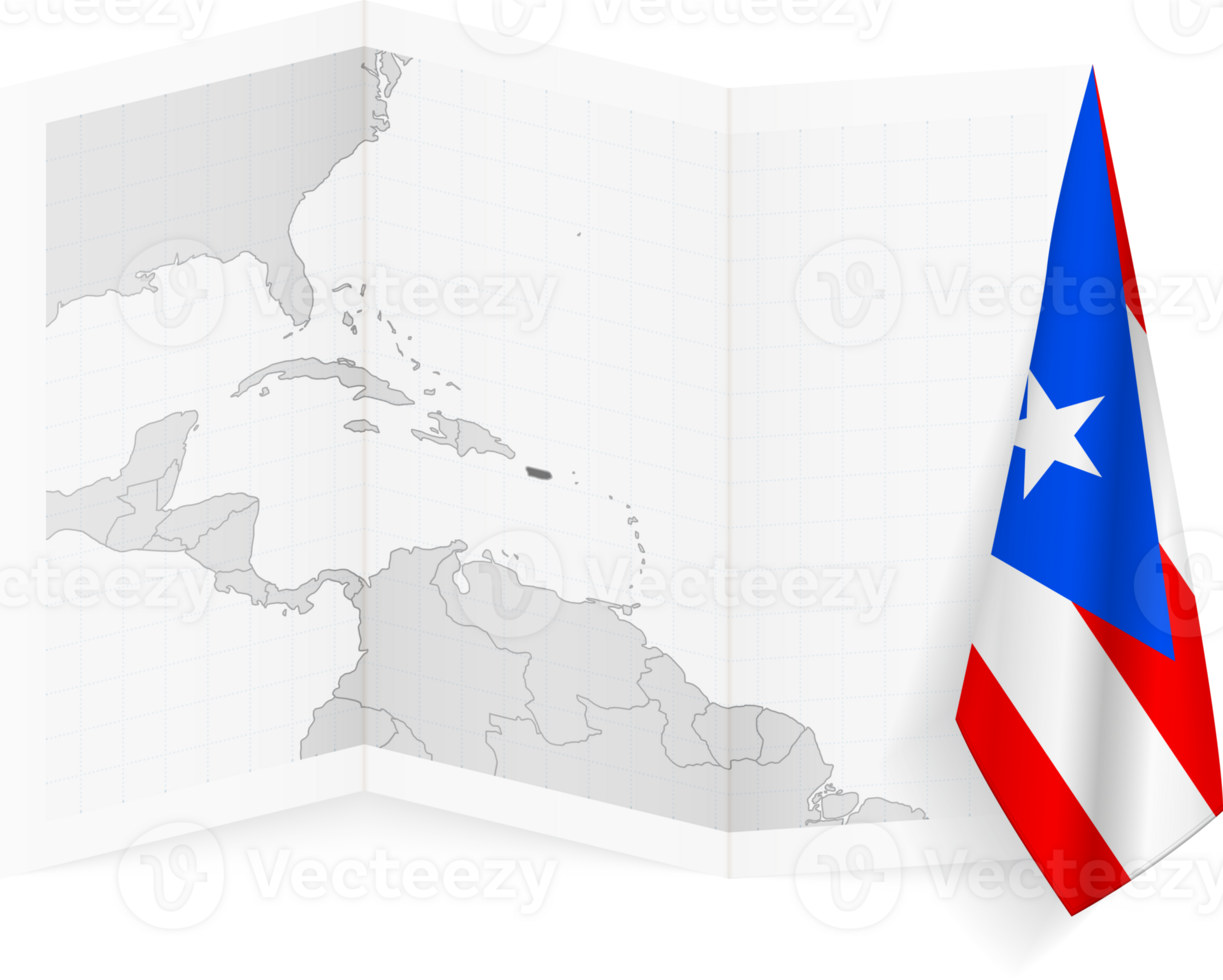 Puerto Rico grayscale map and hanging flag. png