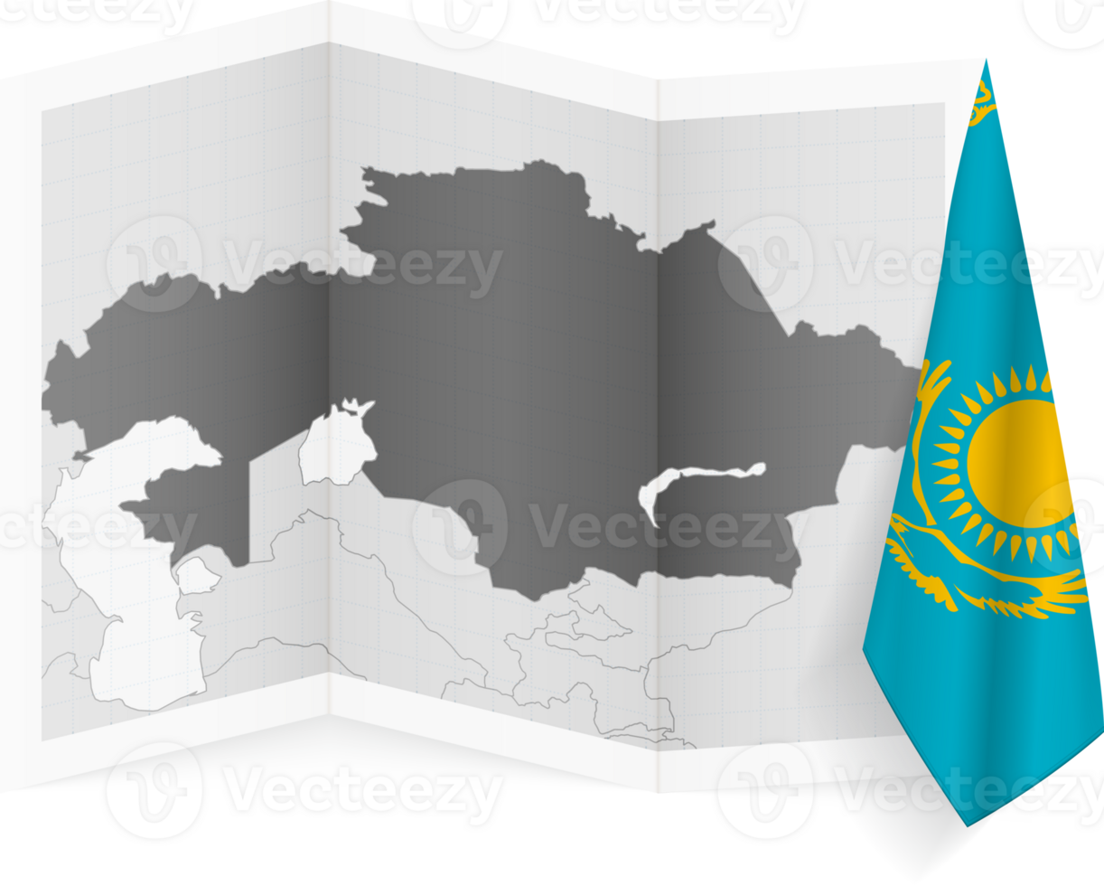 Kazakhstan grayscale map and hanging flag. png