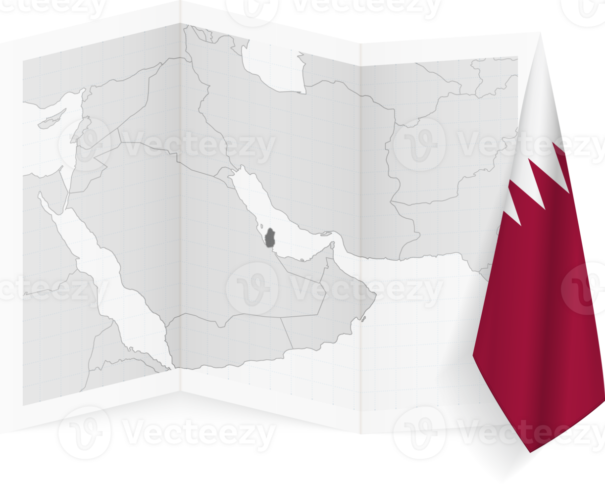 Qatar grayscale map and hanging flag. png