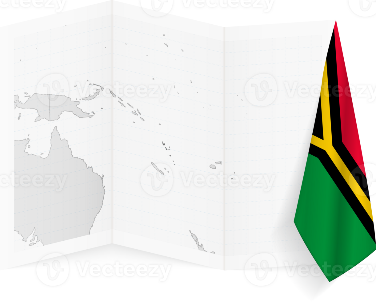 Vanuatu grayscale map and hanging flag. png