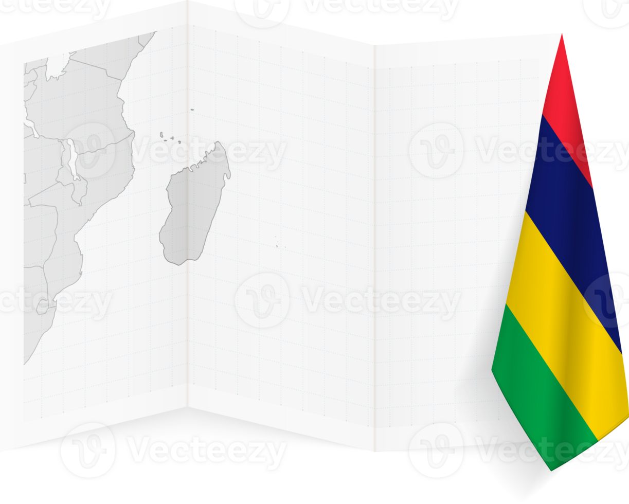 Mauritius grayscale map and hanging flag. png