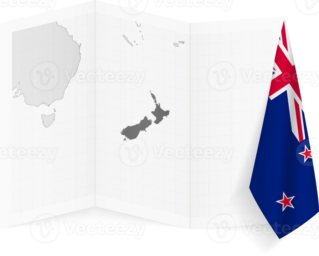 New Zealand grayscale map and hanging flag. png