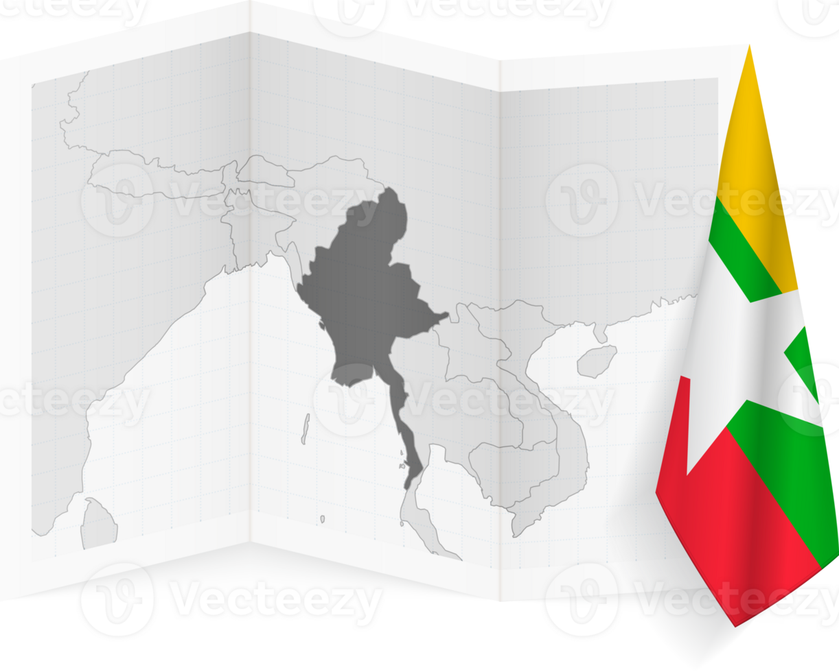 Myanmar grayscale map and hanging flag. png