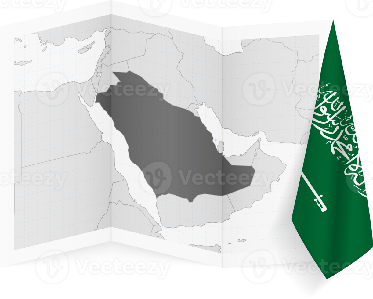 Saudi Arabia grayscale map and hanging flag. png