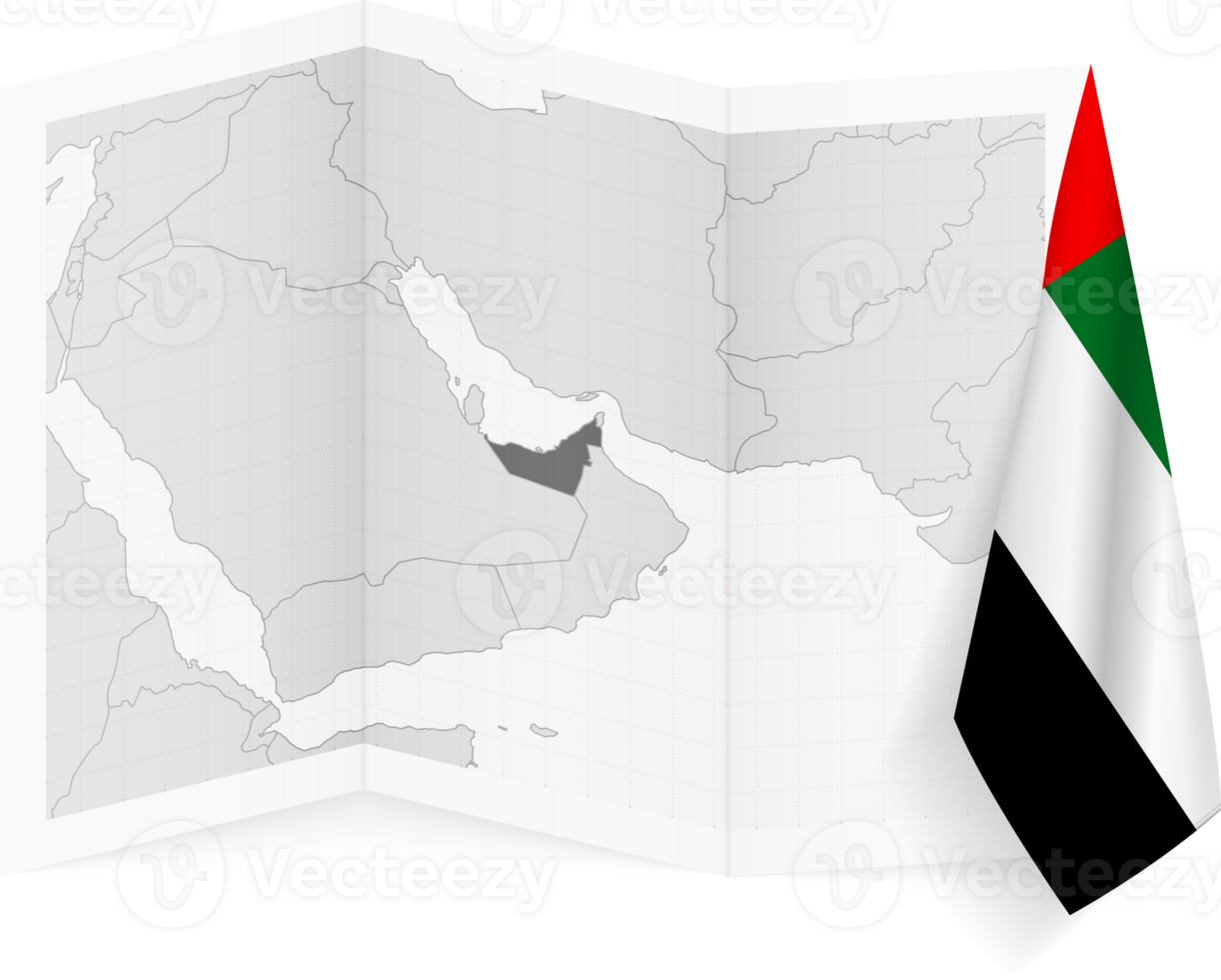 United Arab Emirates grayscale map and hanging flag. png