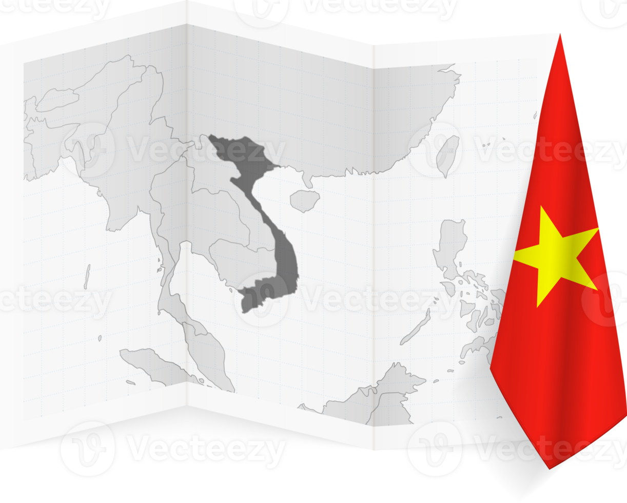 Vietnam grayscale map and hanging flag. png
