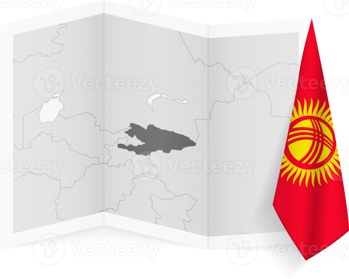 Kyrgyzstan grayscale map and hanging flag. png
