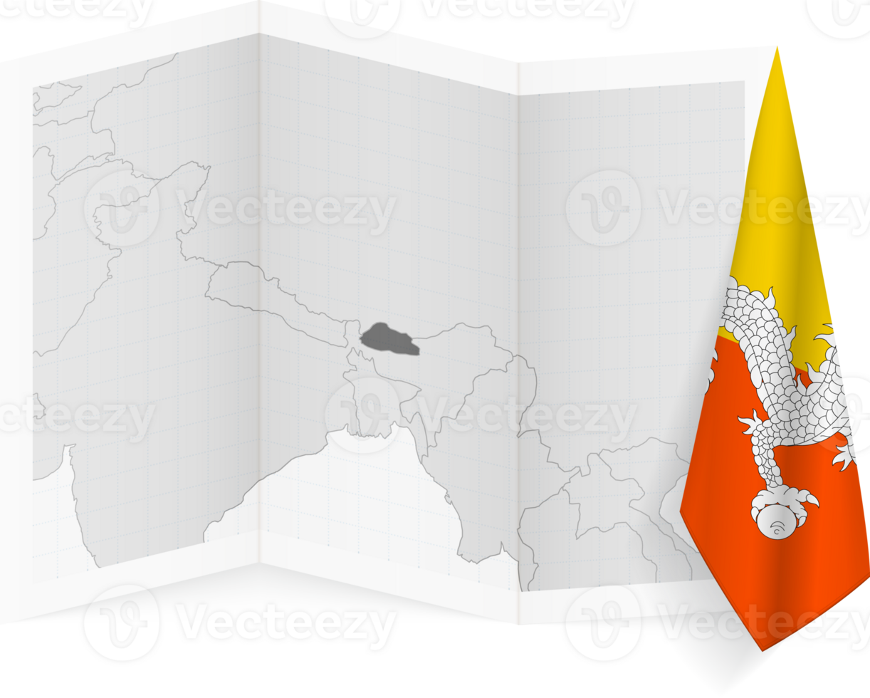 Bhutan grayscale map and hanging flag. png