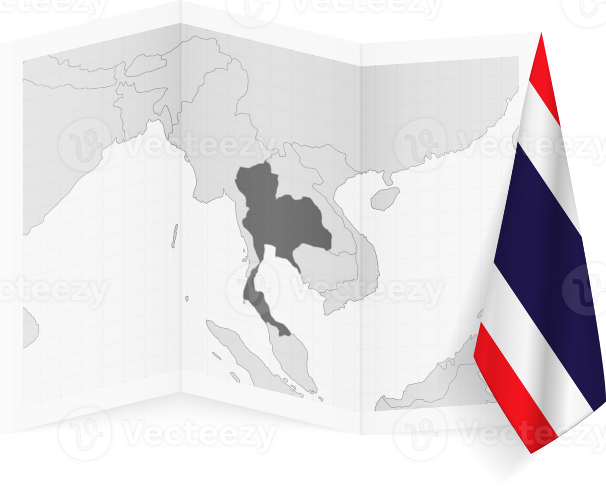 Thailand grayscale map and hanging flag. png