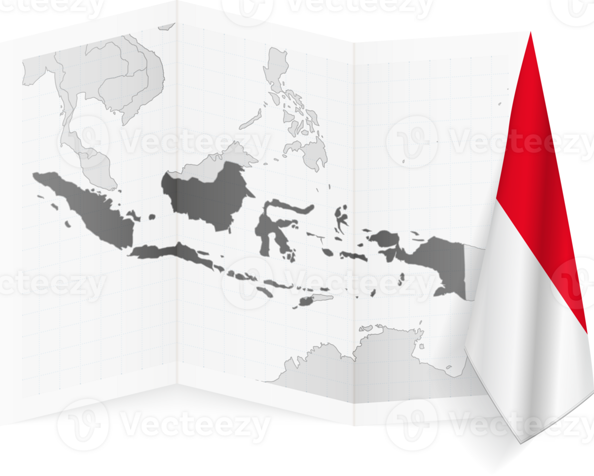 Indonesia grayscale map and hanging flag. png
