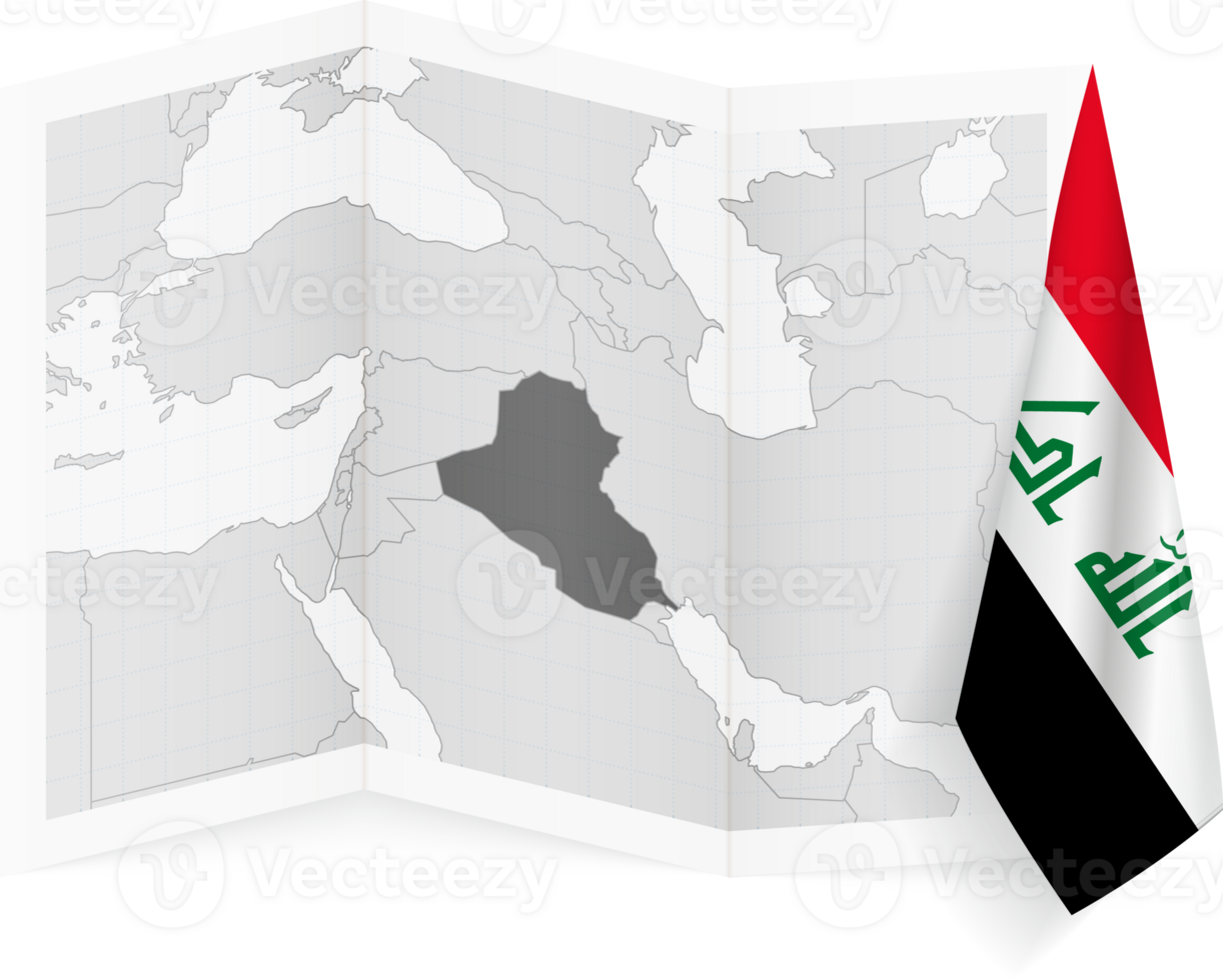 Iraq grayscale map and hanging flag. png