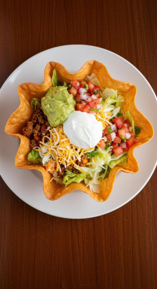 Delicious Taco Salad in Crispy Bowl Fresh lettuce, seasoned ground beef, guacamole, pico de gallo, cheese, and sour cream. photo