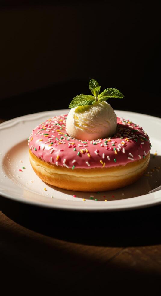 Delicious Pink Donut with Sprinkles and Ice Cream a sweet treat photo
