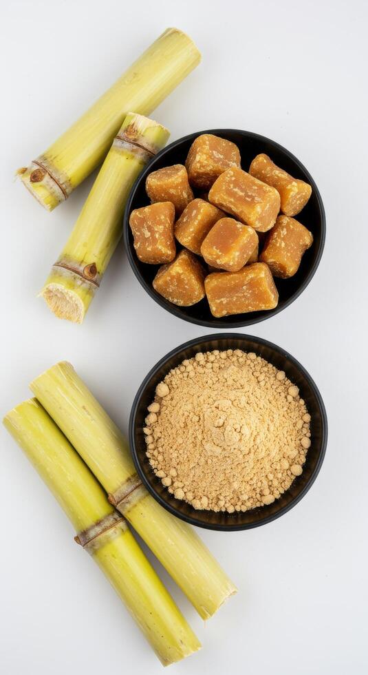 Jaggery Sugarcane Cubes and Powder Sweetener Food Ingredient photo