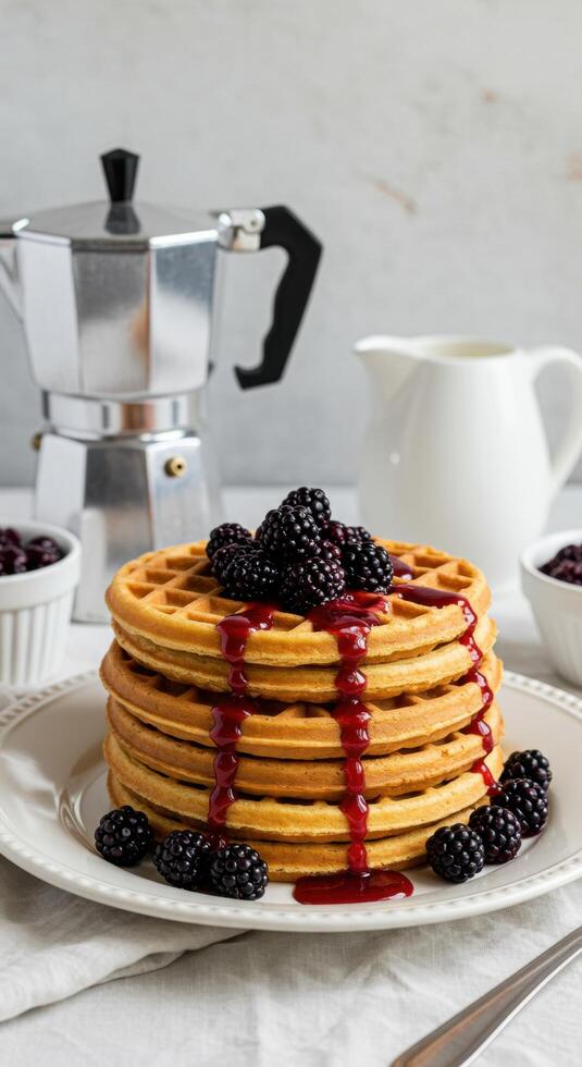 Delicious golden waffles topped with fresh blackberries and a rich berry sauce for a delightful breakfast treat. photo