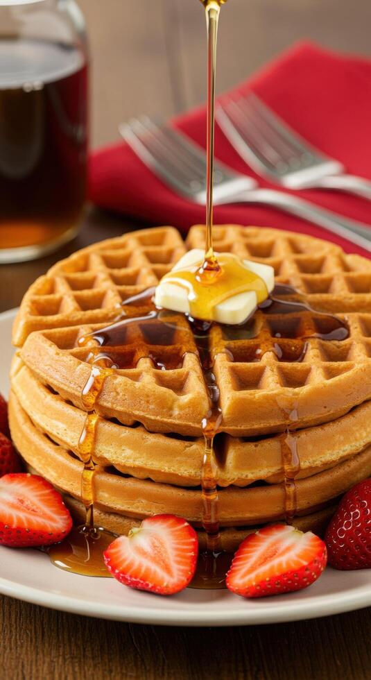 Delicious golden waffles drizzled with maple syrup and served with fresh strawberries a perfect breakfast treat photo