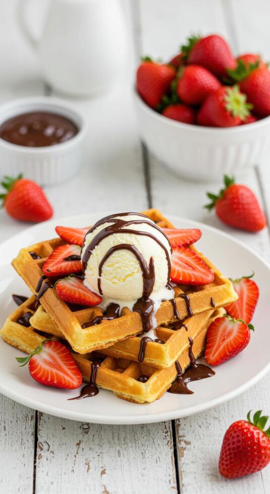Delicious Waffles with Strawberries Ice Cream Chocolate Sauce Sweet Treat photo