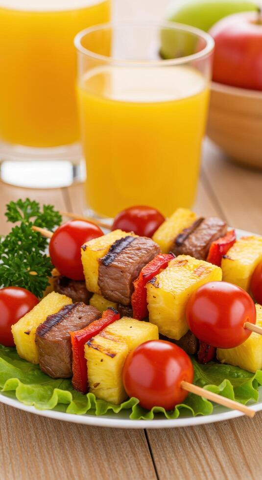 Delicious grilled beef pineapple skewers with cherry tomatoes, a vibrant summer recipe. photo