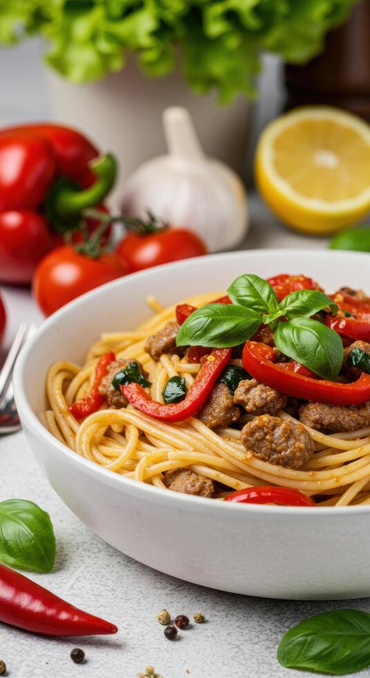 Delicious Spaghetti with Meat Sauce, Tomatoes, and Basil in a Bowl photo