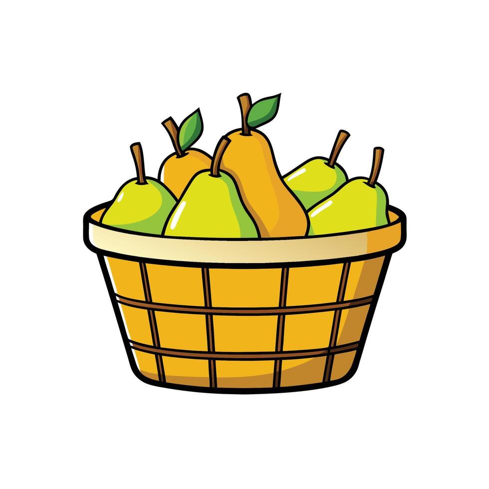 Cartoon basket overflowing with ripe, juicy, yellow and green pears vector