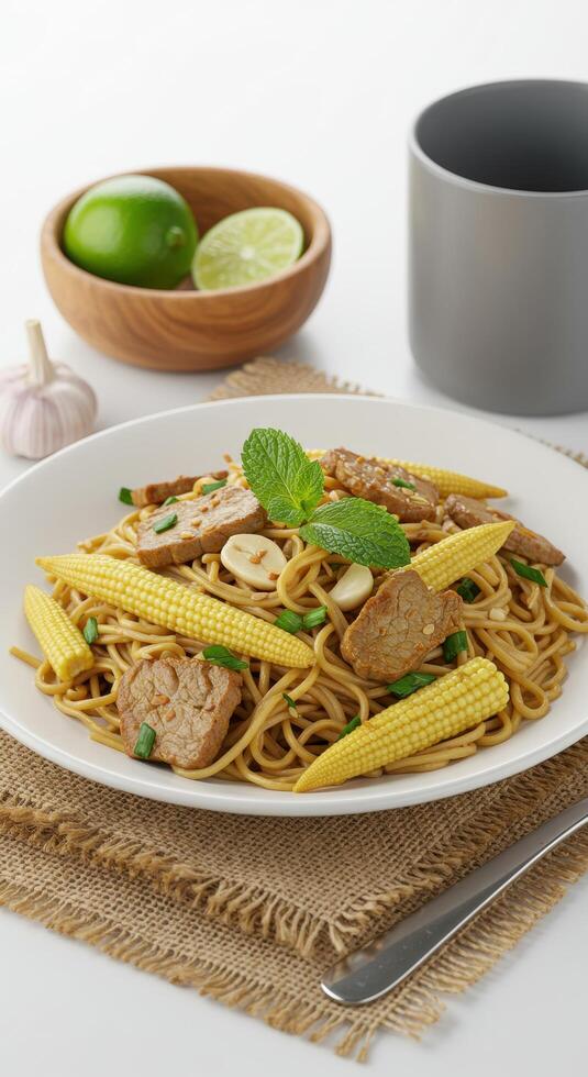 Delicious Asian Noodles Dish with Tofu Corn Garlic and Herbs photo