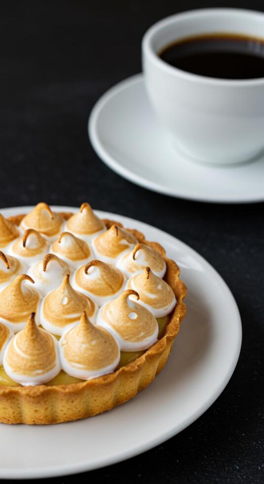 Delicious Lemon Meringue Tart Pastry Dessert with Coffee photo