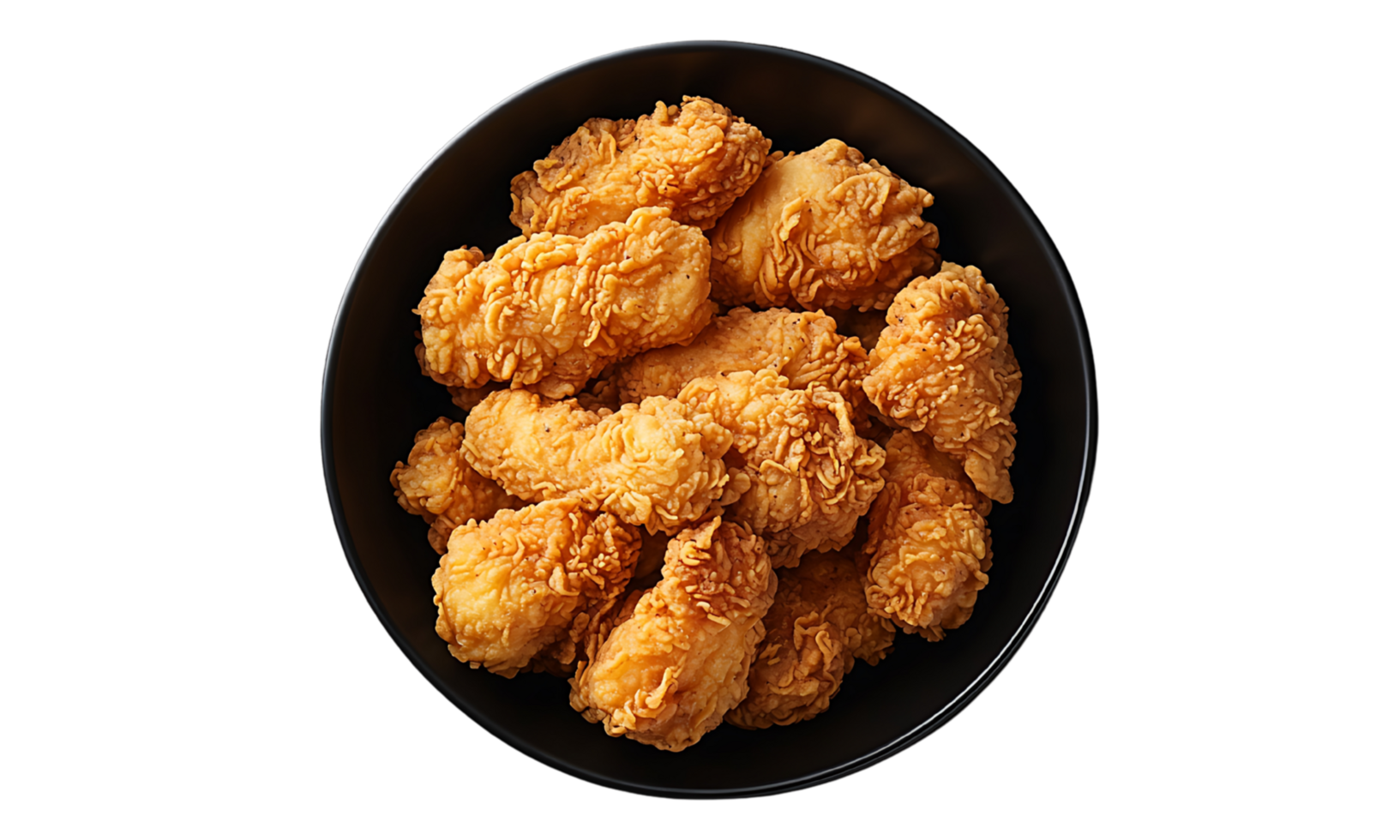 Crispy fried chicken pieces in a dark bowl. png