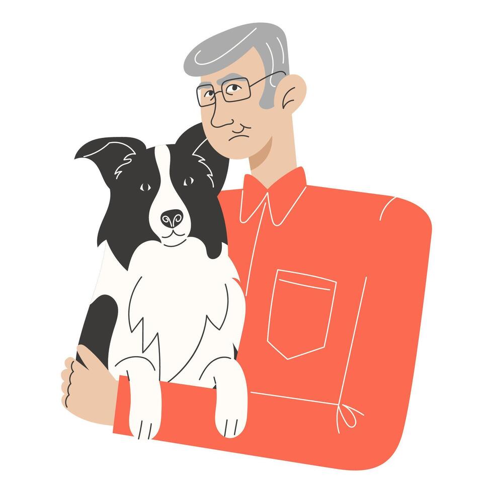 Elderly man hugging Border Collie dog. Portrait of senior pet owner and loyal companion. Flat illustration vector