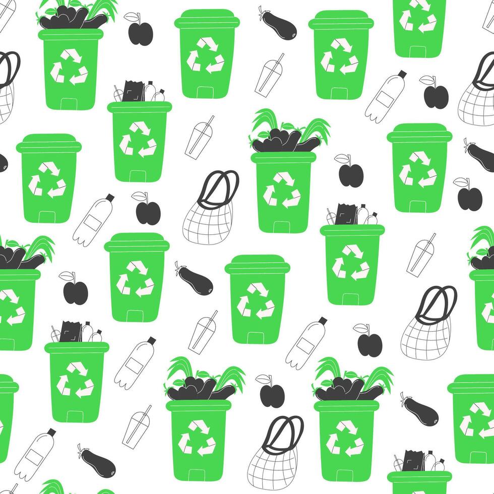 Seamless pattern of recycling waste bins and materials in flat style on white background vector