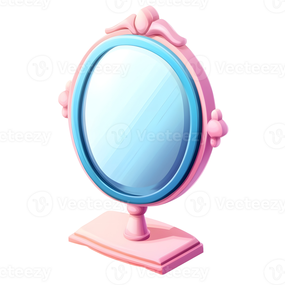 3D round mirror with pink base, great for beauty and personal use. png