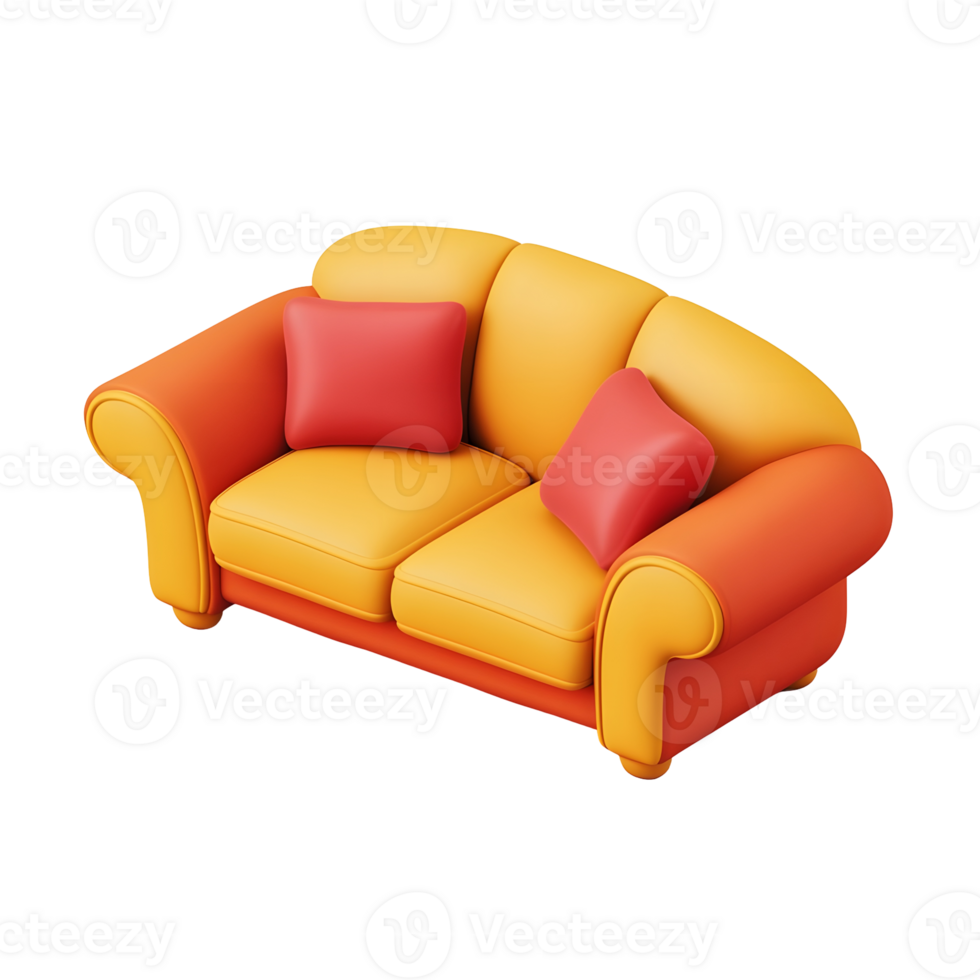 3D orange and red cozy sofa, ideal for home or interior themes. png