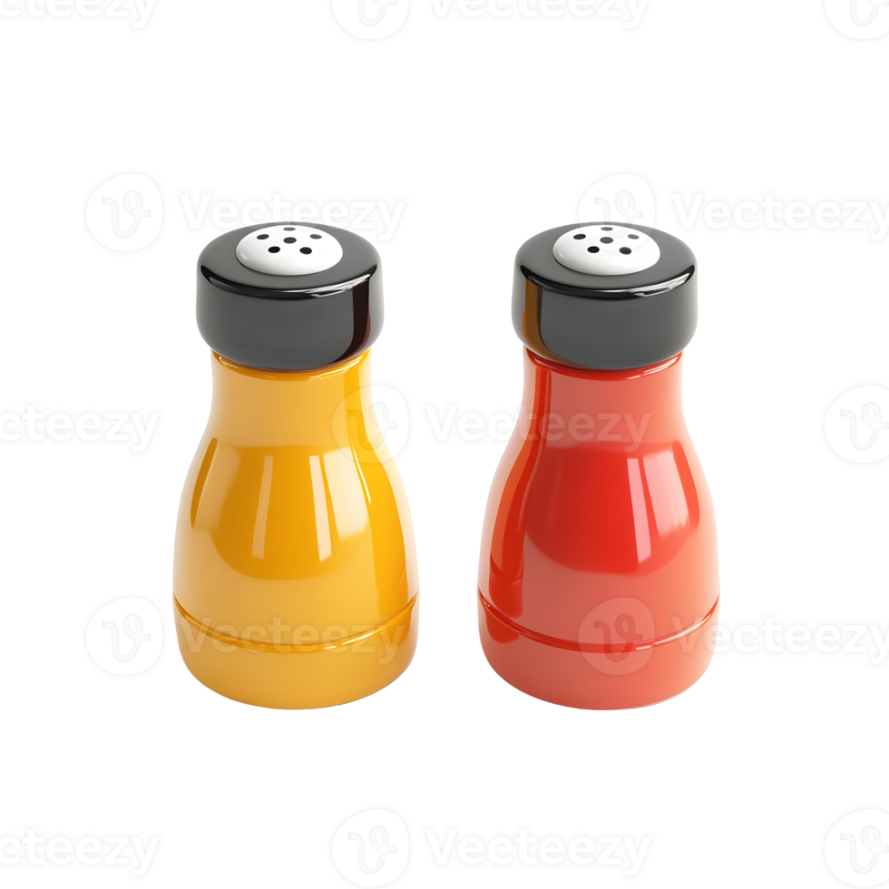 3D salt and pepper shaker set in yellow and red with metallic tops. png