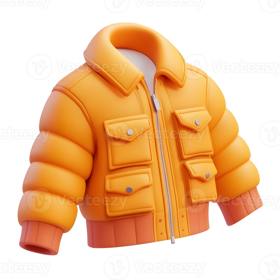 3D icon of an orange puffer jacket, warm winter outerwear for cold weather. png