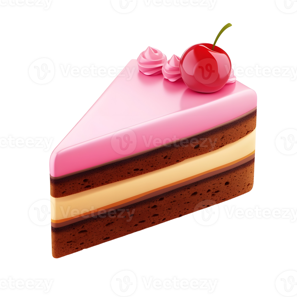 3D pink layer cake slice with cherry on top, perfect for dessert visuals. png